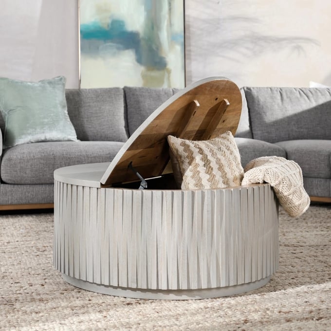 Coffee Table Lift Top Cream Ribbed Drum Storage Solution