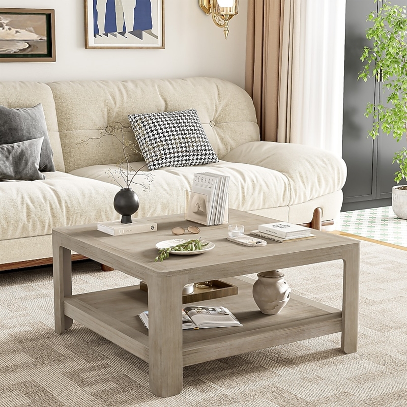 Coffee Table Light Grey Ash Finish, Square Scandinavian Double Tier