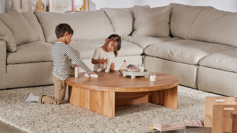 Coffee Table Low Profile Round with Paneled Base Scandinavian Oak