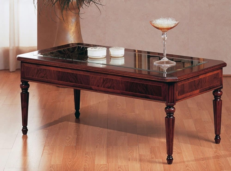 Coffee Table Luxury Traditional Carved Apron Inset Glass Top