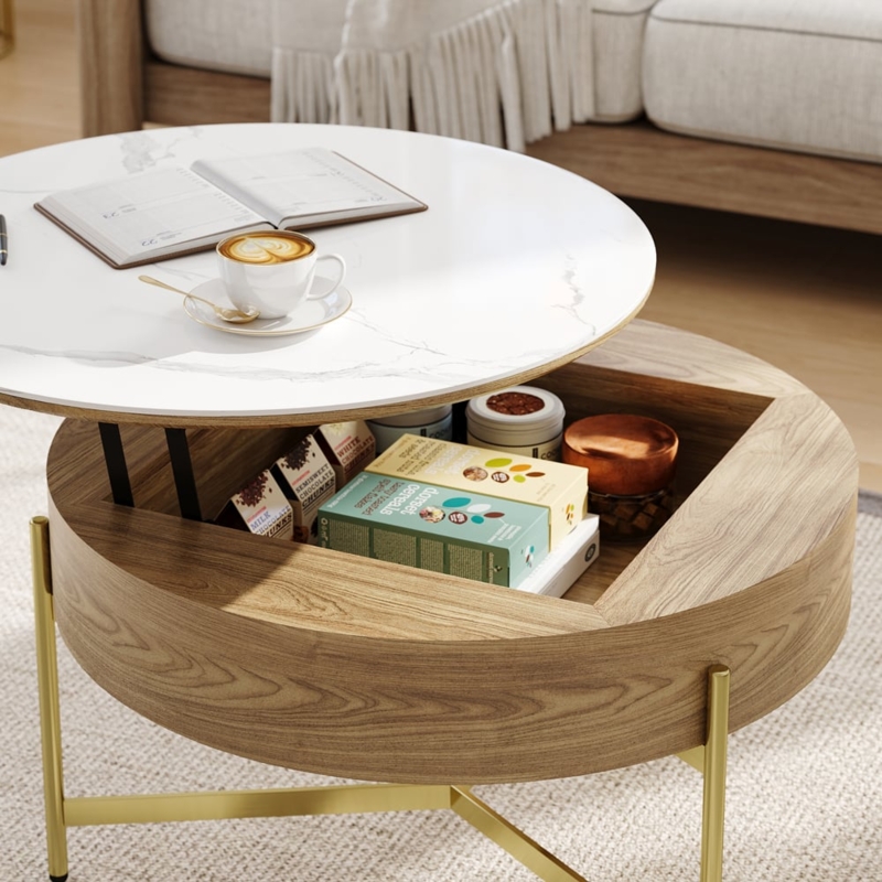 Coffee Table Marble Look Light Wood Base Gold Cross Legs
