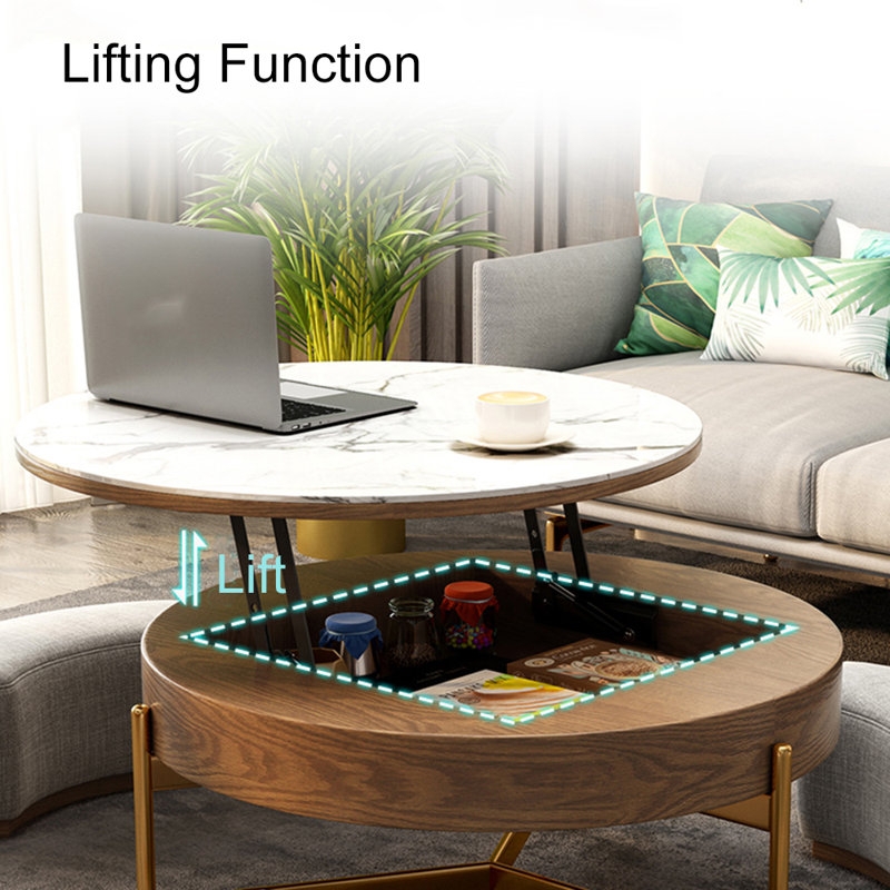 Coffee Table Marble Pattern Lift Top Nested Stools Gold