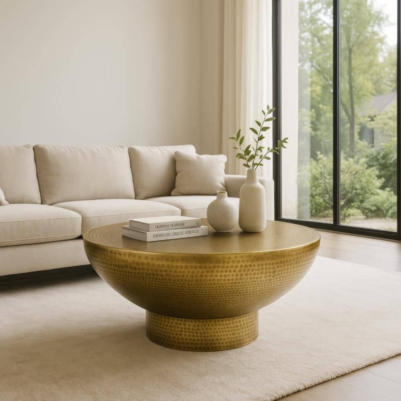 Coffee Table Martini Shape Round Hammered Antique Brass
