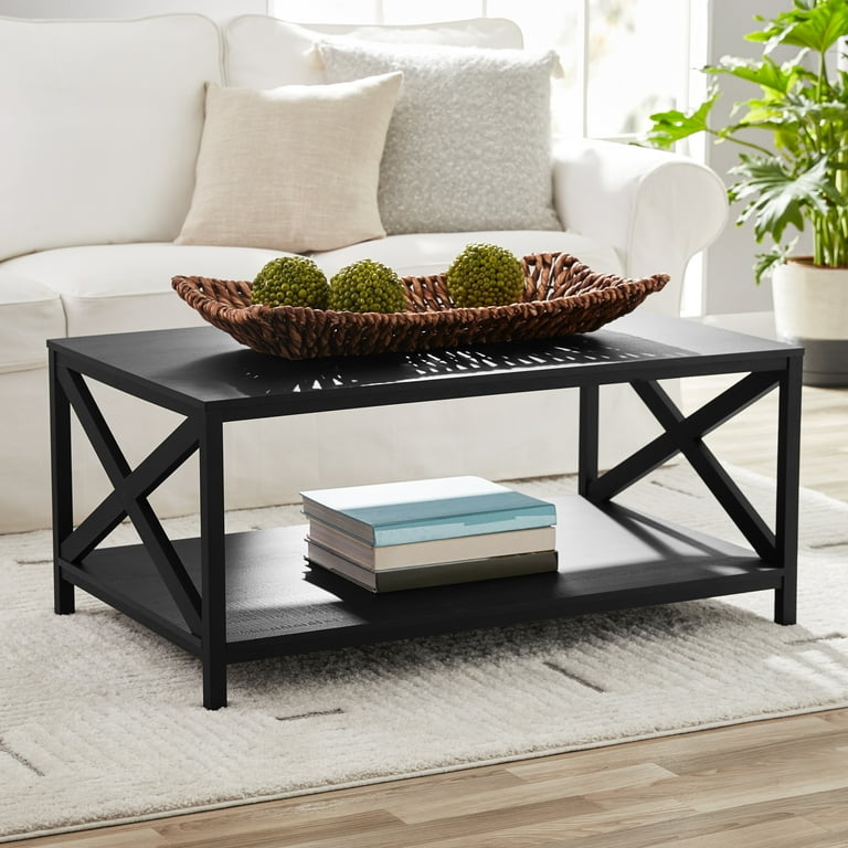 Coffee Table Matte Black X-Brace Sides Lower Shelf Farmhouse Style