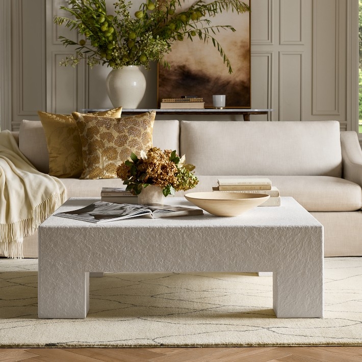 Coffee Table Matte White Finish Stone Like Texture Oversized Square