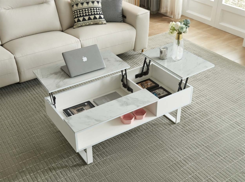 Coffee Table Modern Split Lift Top Marble Pattern Hidden Storage Sled Legs