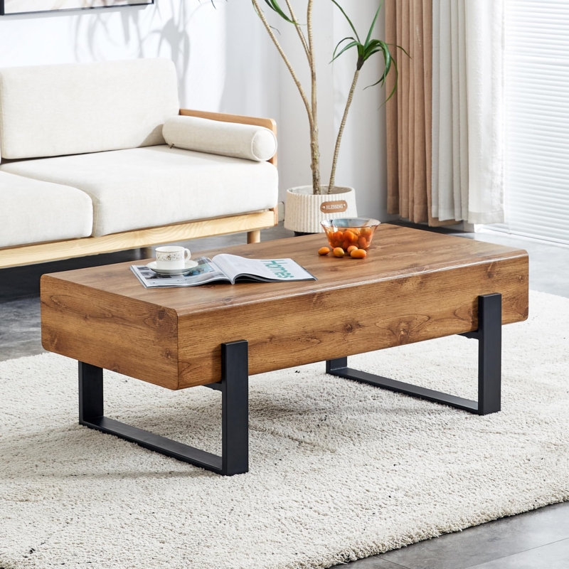 Coffee Table Modern Wood Thick Box Top Matte Black Sled Base