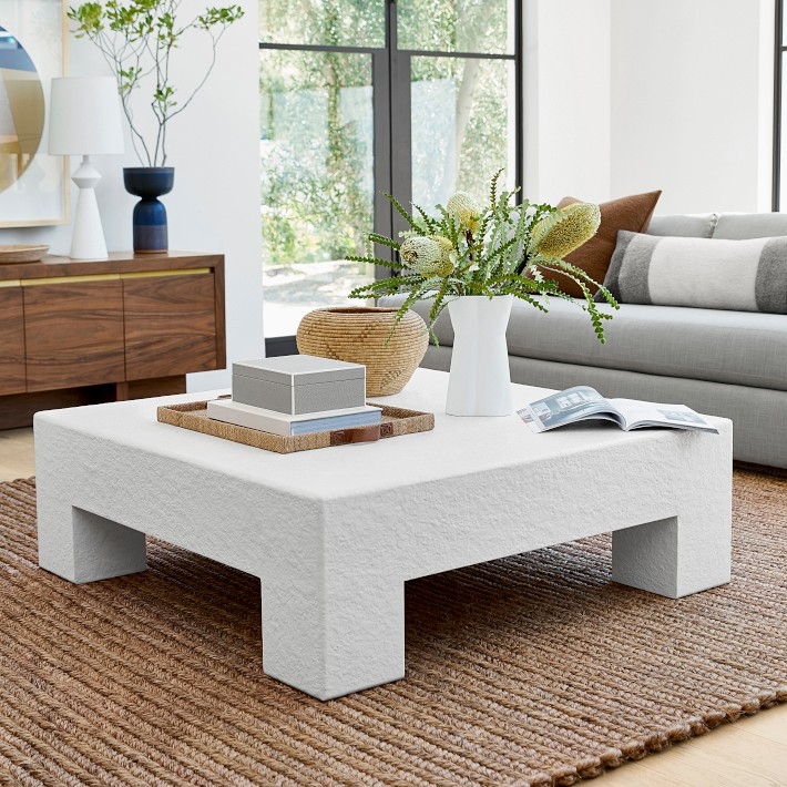Coffee Table Monolithic Matte White Finish Extra Large Square Plinth