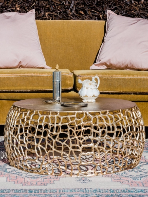 Coffee Table Open Work Base Sculptural Gold Metal Drum Silhouette
