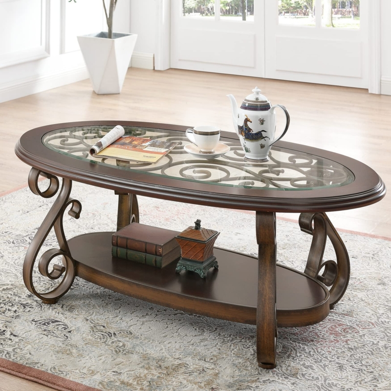 Coffee Table Ornate Pedestal Base Scalloped Glass Top Dark Wood