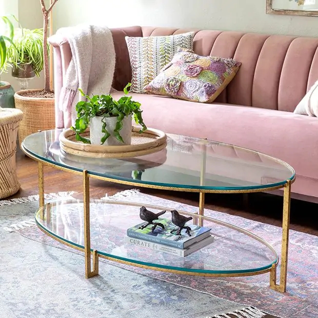 Coffee Table Oval Antiqued Gold Double Glass Tier Slender Frame Vintage