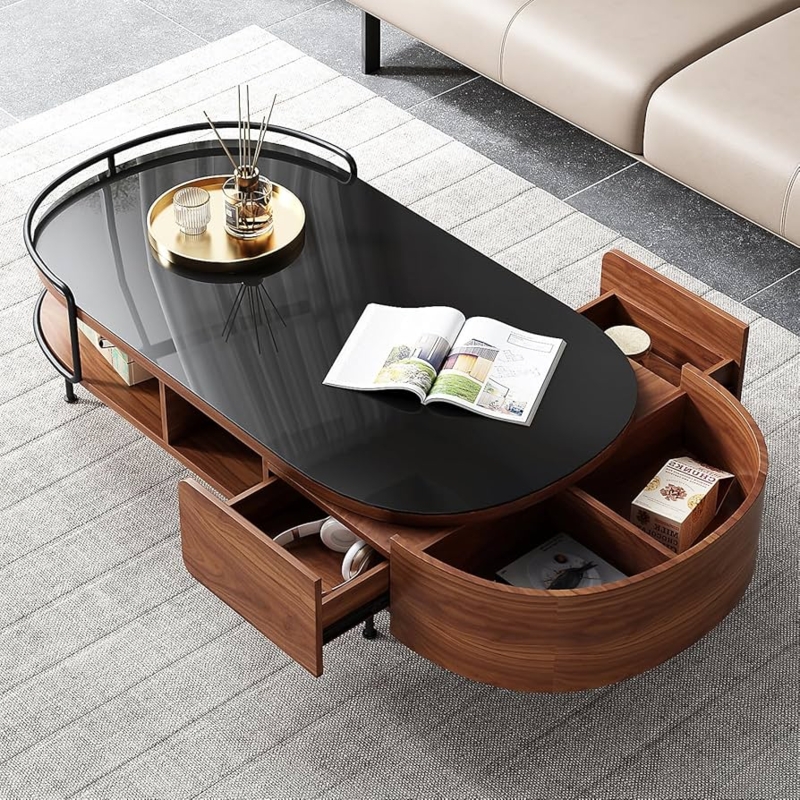 Coffee Table Oval Black Glass Top Walnut Wood Semi Circular Storage
