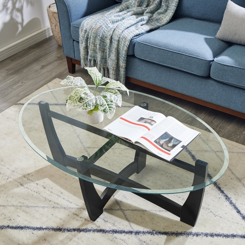 Coffee Table Oval Black Interlocking X Base Tempered Glass Contemporary