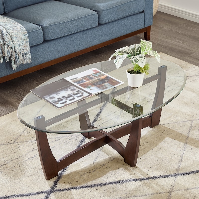 Coffee Table Oval Cherry Wood X Base Tempered Glass Curved Legs