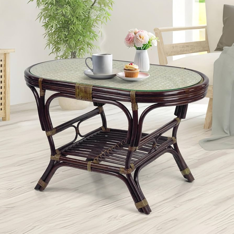 Coffee Table Oval Dark Brown Rattan Slatted Shelf Glass Inset Top