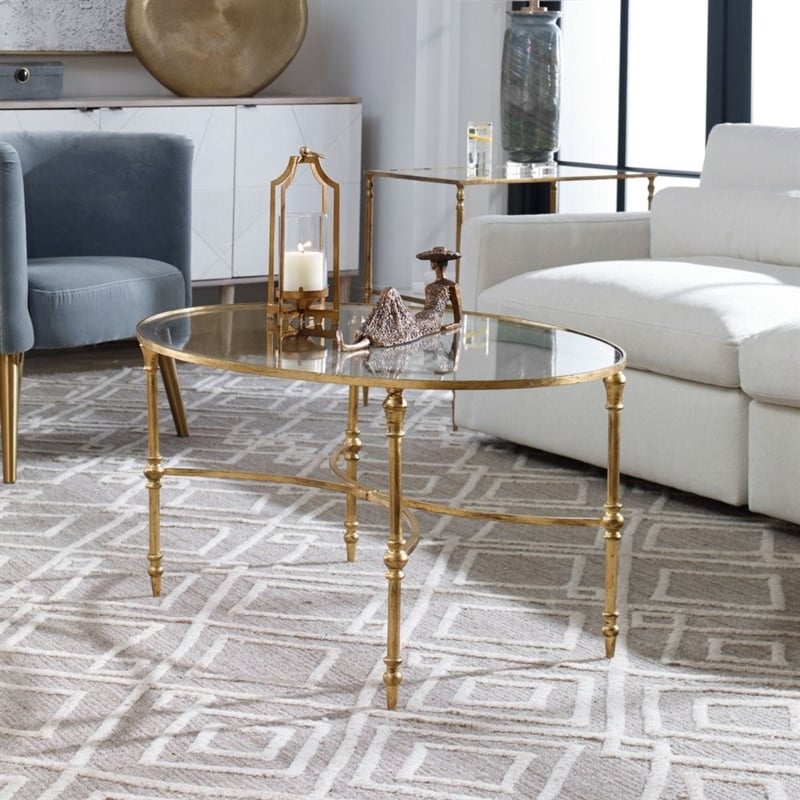 Coffee Table Oval Glass Antiqued Gold Frame Spindle Legs