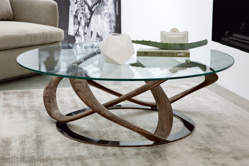 Coffee Table Oval Glass Infinity Interlocking Ribbon Wood Base