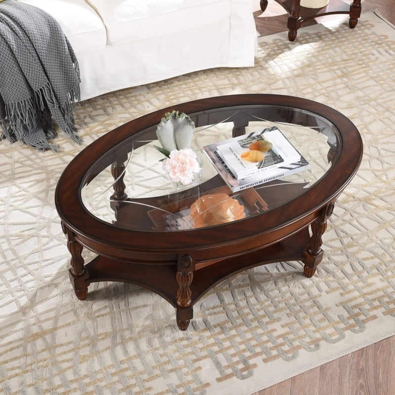 Coffee Table Oval Glass Insert Cherry Finish Traditional Lower Shelf