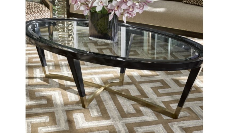 Coffee Table Oval Glass Insert Top Gold X Base Two Tone Finish Luxe