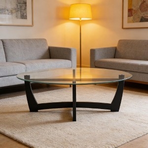 Coffee Table Oval Glass Sculptural Dark Base Mid Century Apartment
