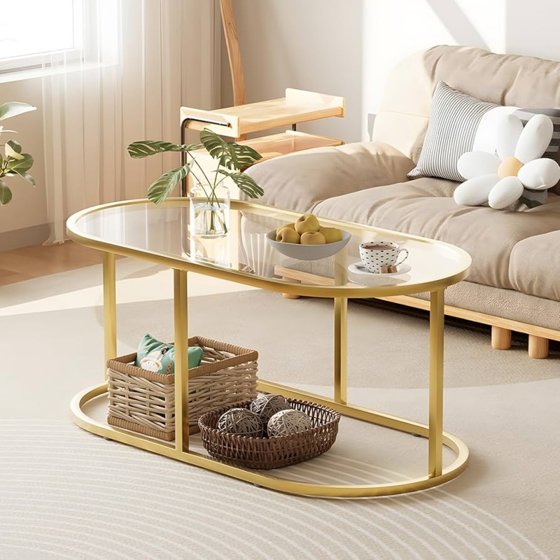 Coffee Table Oval Glass Top Gold Metal Frame Minimalist