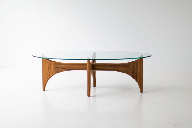 Coffee Table Oval Glass Top Sculptural Arched Wood Cross Base