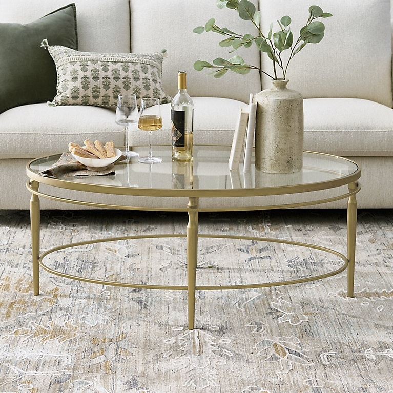 Coffee Table Oval Glass Top Tiered Gold Frame Transitional