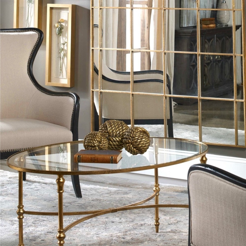 Coffee Table Oval Glass Turned Gold Legs X Stretcher Base Glam Style