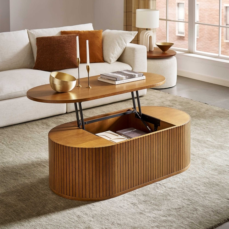 Coffee Table Oval Lift Top Ribbed Wood Base Storage