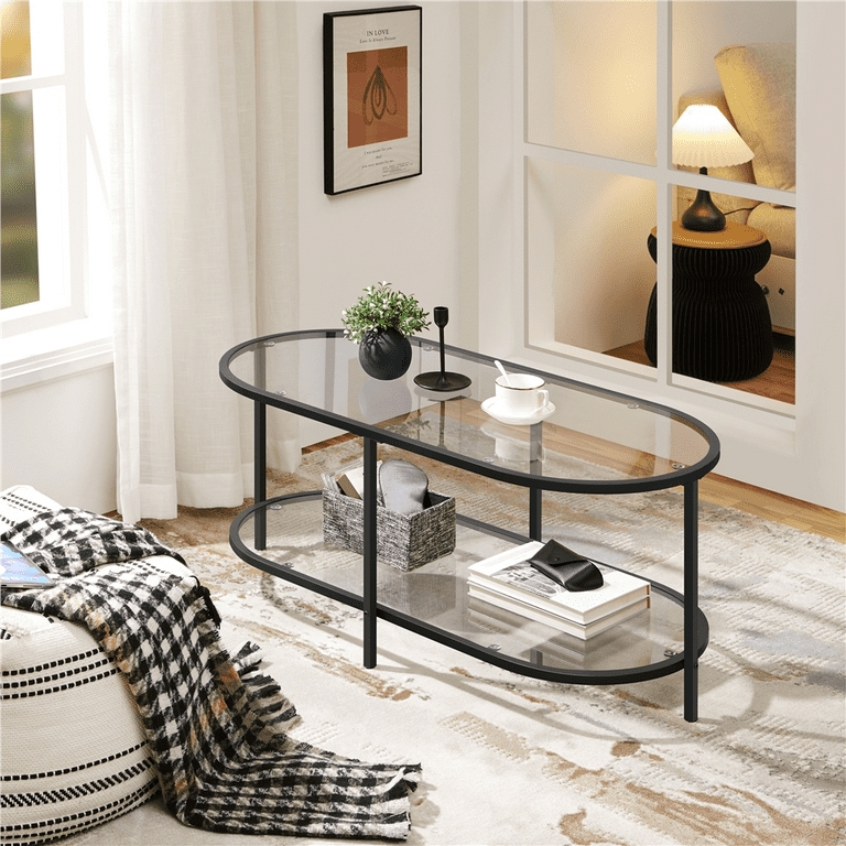 Coffee Table Oval Matte Black Two Tier Glass Slim Profile Minimalist