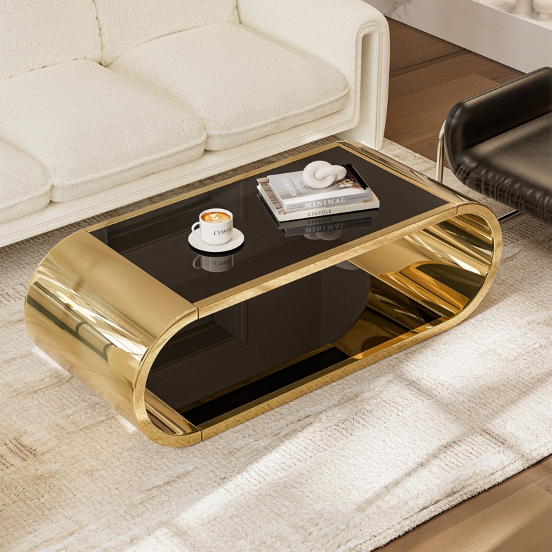 Coffee Table Oval Polished Gold Frame Dark Glass Top Two Tier