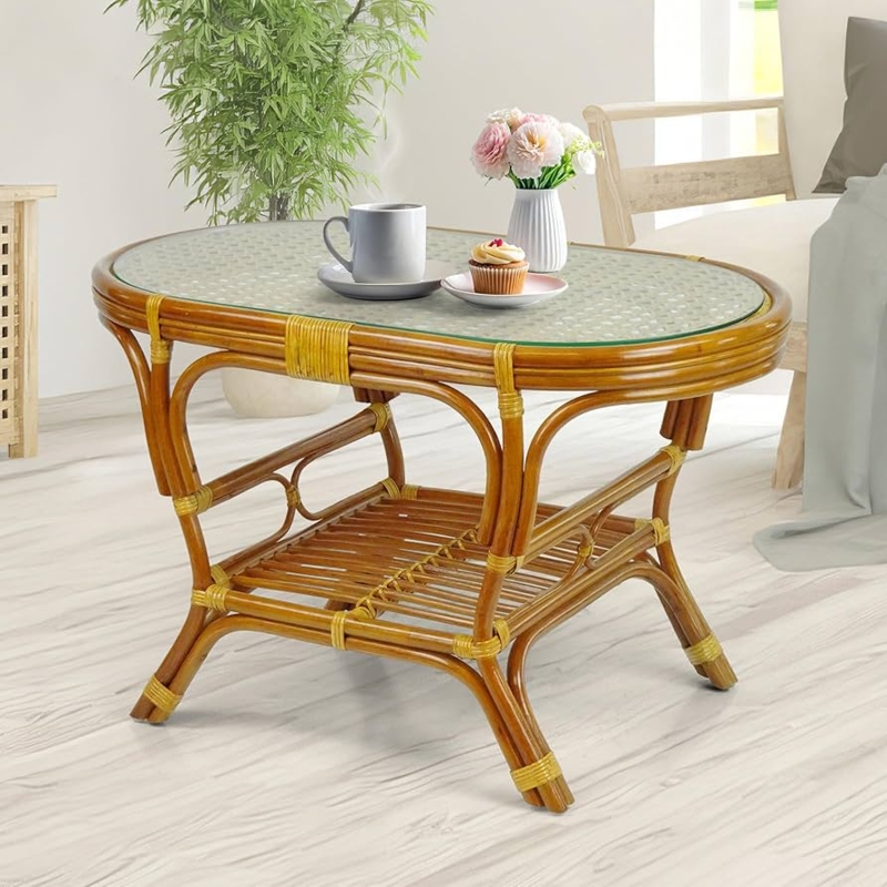 Coffee Table Oval Rattan Frame Slatted Shelf Glass Top Honey Brown