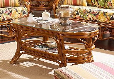 Coffee Table Oval Rattan Slatted Shelf Glass Inset Curved Legs Tropical