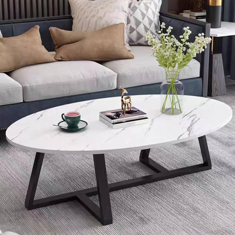 Coffee Table Oval Stone Look Matte Black Geometric Base Open Frame