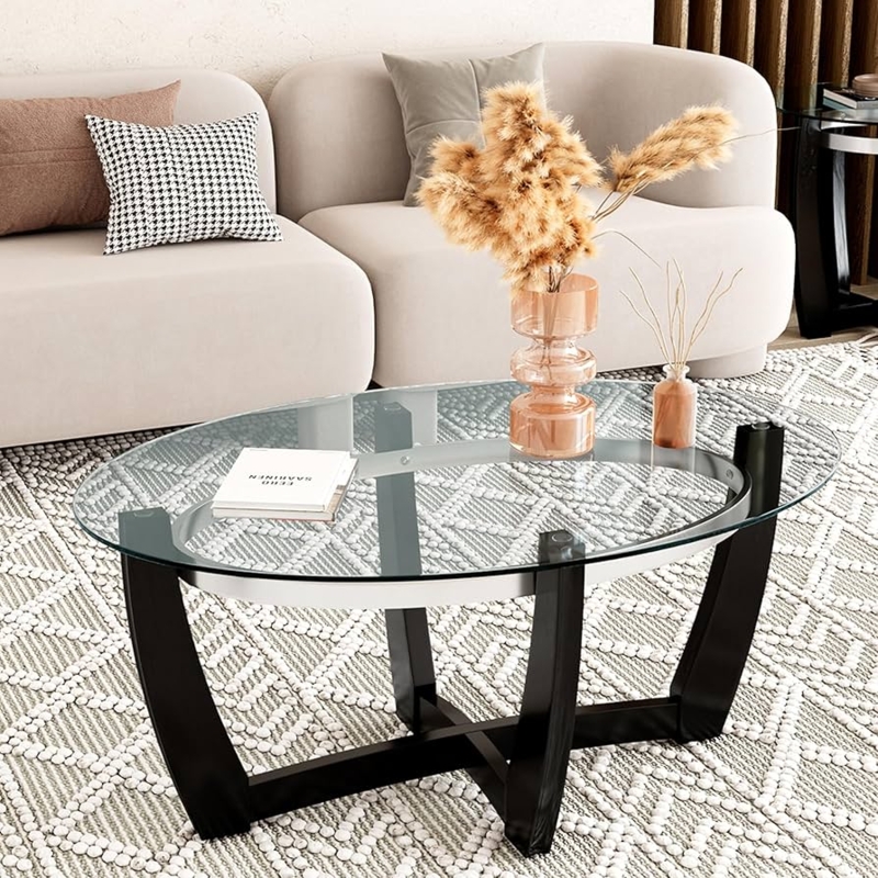 Coffee Table Oval Tempered Glass Black Cross Base Sculptural Frame