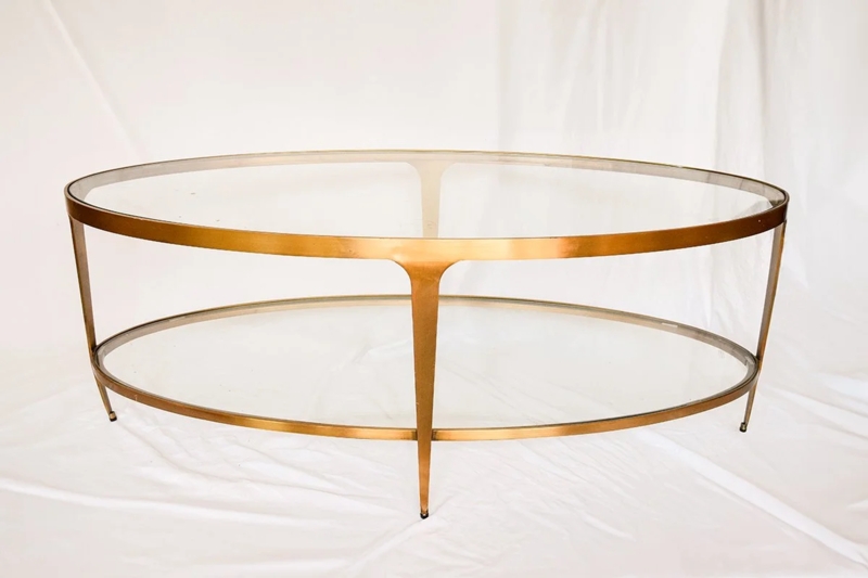 Coffee Table Oval Two-Tier Glass Antique Brass Frame