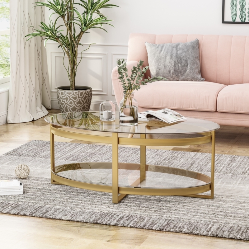 Coffee Table Oval Two Tier Glass Brushed Gold Metal Frame Glam