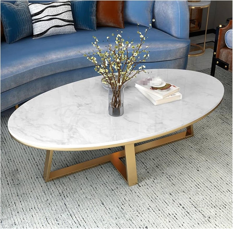 Coffee Table Oval White Faux Marble Gold Geometric Cross Base