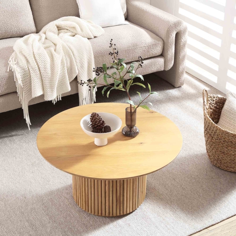 Coffee Table Pedestal Round Oak Ribbed Base Japandi Minimalist Style