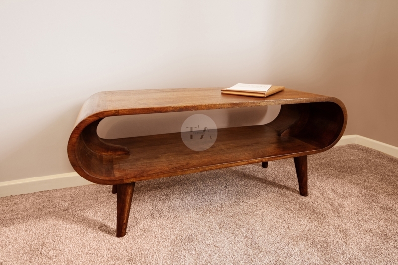 Coffee Table Pill Shape Curved Sides Open Shelf Dark Wood Mid Century
