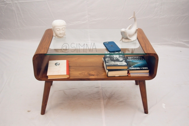 Coffee Table Pill Shape Frame Inset Glass Top with Shelf