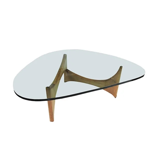 Coffee Table Plectrum Shaped Glass Top Sculpted Tripod Wood Base