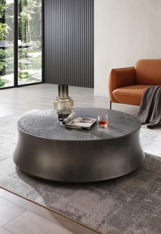 Coffee Table Radial Etched Top Flared Drum Shape Antique Finish Modern
