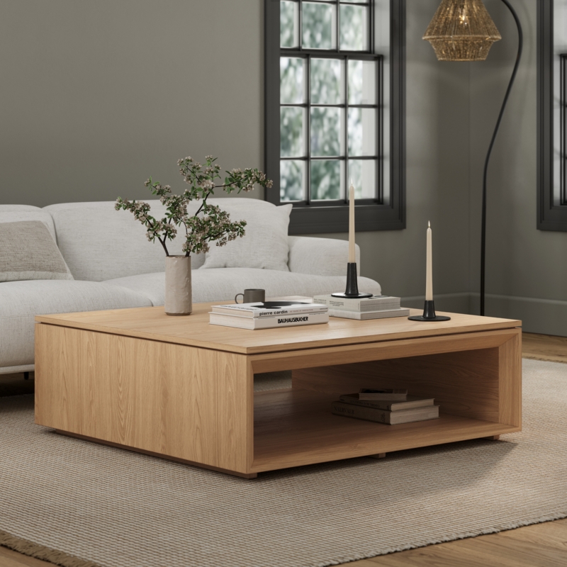 Coffee Table Recessed Plinth Base Light Oak Open Storage Cubby