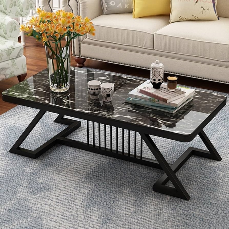 Coffee Table Rectangle Black Faux Marble Geometric Sled Base