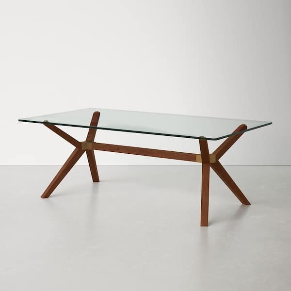 Coffee Table Rectangular Glass Top Walnut Brass Accented Joints