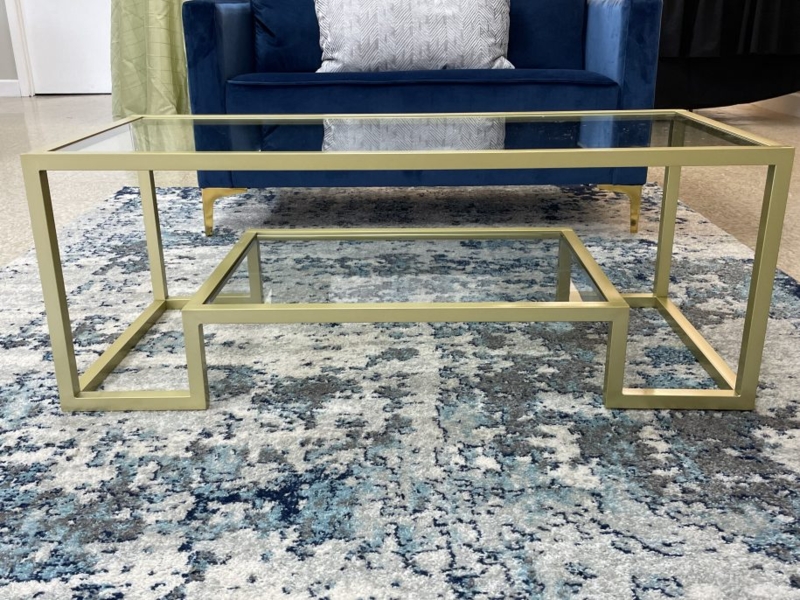 Coffee Table Rectangular Gold Frame Glass Asymmetrical Shelf