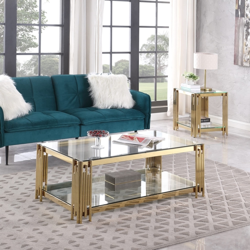 Coffee Table Rectangular Gold Vertical Rod Legs Tiered Glass