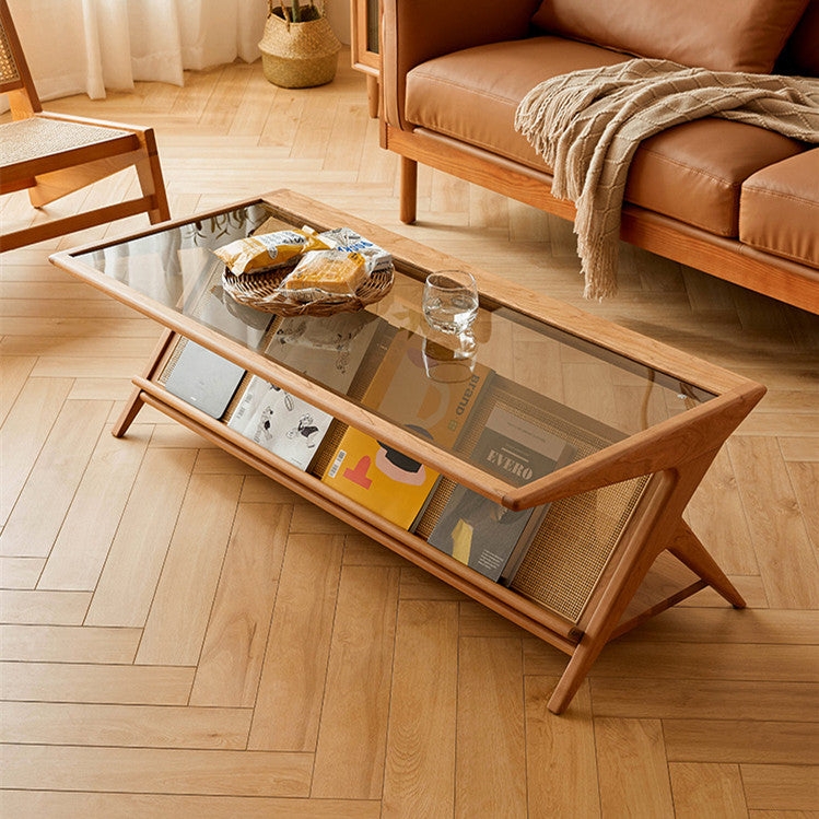 Coffee Table Rectangular Tawny Glass Top Angled Woven Cane Shelf