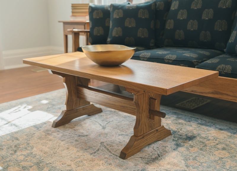 Coffee Table Rectangular Traditional Trestle Base with Thick Oak Wood Top